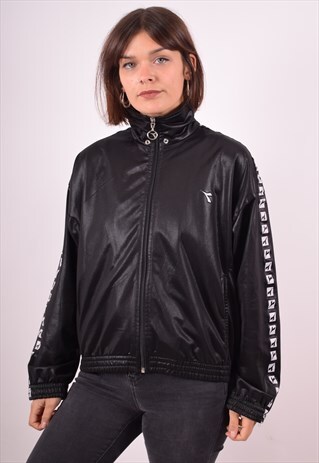 DIADORA WOMENS VINTAGE TRACKSUIT TOP JACKET XL BLACK 90S