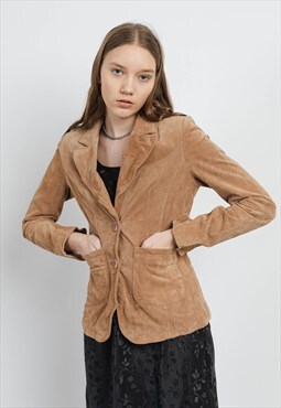 Vintage Y2k Fitted Button Up Brown Suede Women Jacket XS