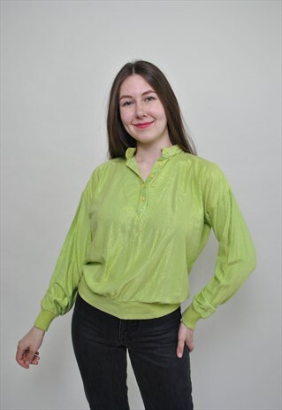 STRIPED ESSENTIAL BLOUSE, BRIGHT GREEN VINTAGE SHIRT, WOMEN