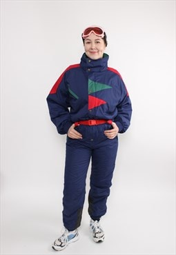 90s one piece ski suit, vintage blue snowsuit, retro winter 