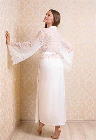 LONG WHITE SATIN BRIDAL DRESSING GOWN WITH LACE BACK
