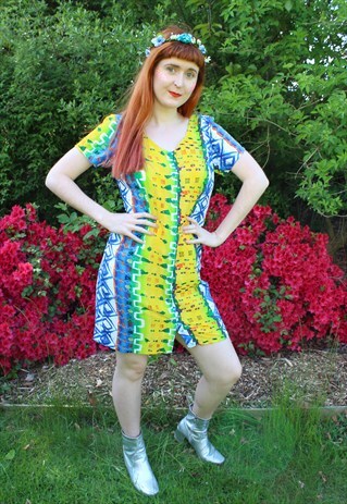 VINTAGE 80S YELLOW BLUE GREEN GEOMETRIC FESTIVAL MINI DRESS