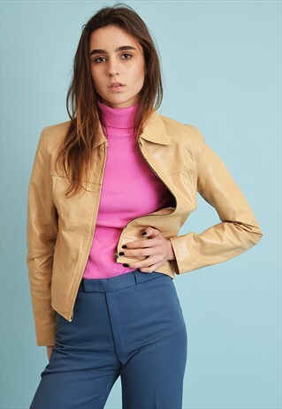 VINTAGE 90'S RETRO FAUX LEATHER SCANDI CROPPED JACKET
