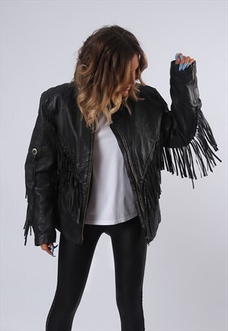 TASSEL FRINGE LEATHER BIKER JACKET UK 18 (FBA)