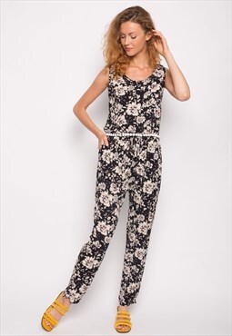 Black Floral Print Vest Top and Trousers Co-Ord
