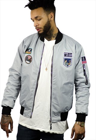 SPACE INVADER GREY BOMBER JACKET WITH EMBROIDERED PATCHES