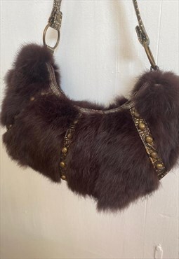 Fabulous faux Fur with Brown with studs Shoulder Bag   Small
