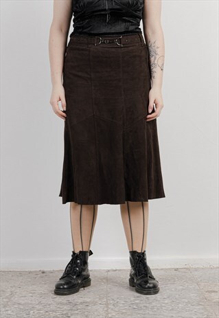 Vintage Gerry Weber Brown Suede Midi Belted Skirt L