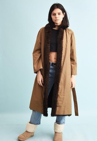 VINTAGE 70'S RETRO FAUX FURL INED LONGLINE TRENCH COAT