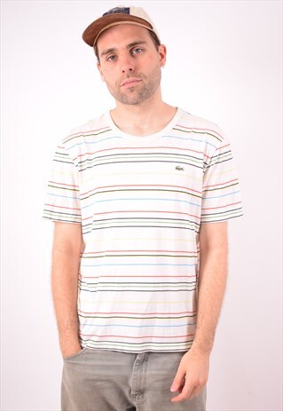 LACOSTE MENS VINTAGE T-SHIRT TOP MEDIUM WHITE STRIPES 90S