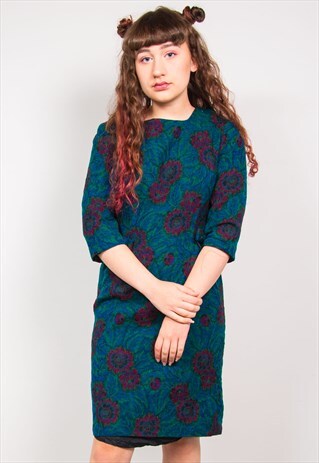 VINTAGE 60'S GREEN FLORAL PATTERN TAPESTRY MIDI DRESS