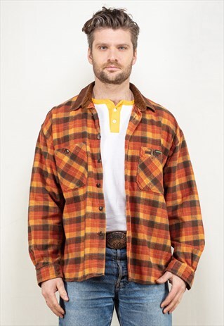 VINTAGE 80'S PLAID FLANNEL SHIRT IN BROWN AND ORANGE