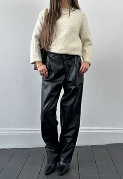 Vintage Leather Trousers 90s Straight Leg Pleated Black W26