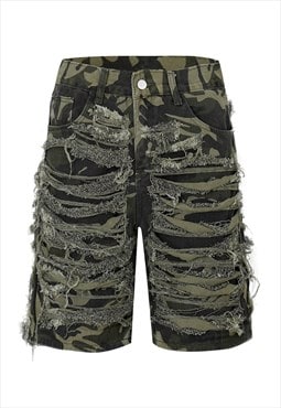 Shredded denim shorts ripped jean skater pants camo  green