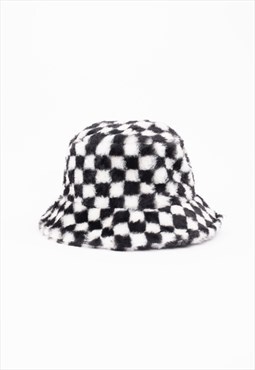Faux Fur Bucket Hat With Monochrome Check Pattern 