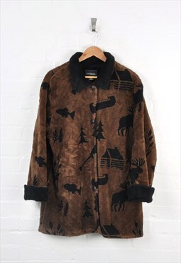 Vintage Fleece Jacket Stag Pattern Brown/Black Ladies Large