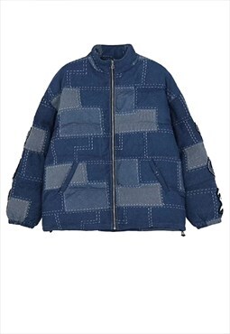 Reworked denim patch bomber jean puffer jacket in blue check
