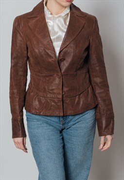 Vintage Y2k Fitted Button Up Brown Leather Jacket Women XS