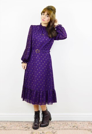 VINTAGE 70S DARK PURPLE GOLD POLKA DOT PARTY DRESS