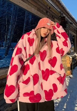 Heart fleece coat 90s animal bomber love emoji jacket pink
