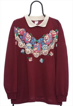 Vintage Floral Maroon Collared Sweatshirt Womens