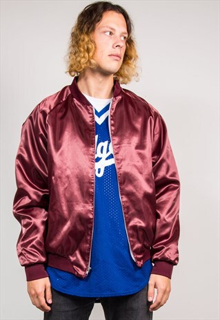 VINTAGE 90'S BURGUNDY SHINY BOMBER STYLE BASEBALL JACKET