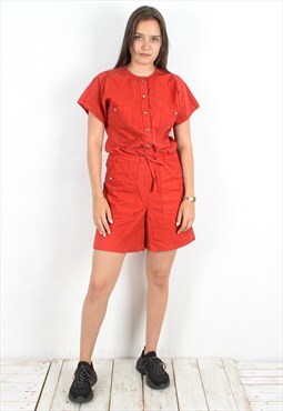 Women 90's M Cotton Red Overall Playsuit Shorts Romper