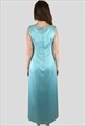 TREVIRA 60'S VINTAGE LADIES MAXI DRESS BLUE SATIN GOLD LUREX