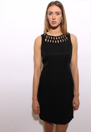 VINTAGE 1990'S 90'S BLACK CAGED COLLAR SHIFT DRESS M-L