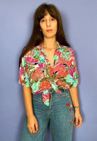 VINTAGE 90'S TROPICAL PRINT CROPPED SHIRT TOP - M