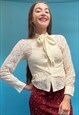  Vintage 70s Cream Floral Lace Pussy Bow Blouse