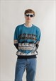 Vintage 90s Nordic Deer Pattern Blue&Black Unisex Jumper 