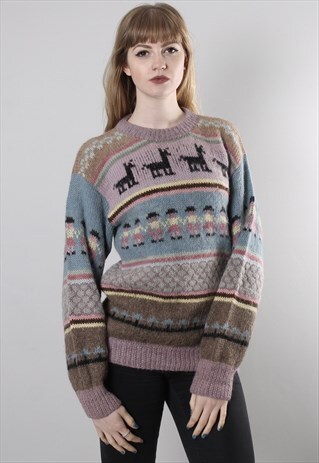 VINTAGE 80S PERUVIAN ALPACA PATTERNED WOOL KNIT JUMPER