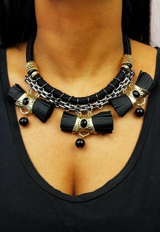 BLACK & SILVER FRINGE ROPE CHUNKY STATEMENT NECKLACE