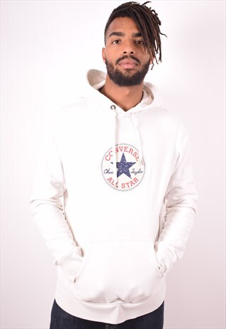 CONVERSE MENS VINTAGE HOODIE JUMPER LARGE WHITE 90S