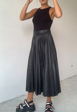 Black Pleated Eco Leather Midi Skirt