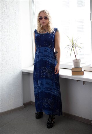 VINTAGE 80'S BLUE PATTERNED DOUBLE LAYER SLEEVELESS DRESS
