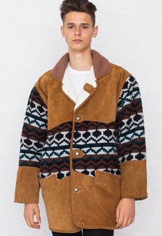 VINTAGE BROWN SUEDE SHEARLING AZTEC JACKET