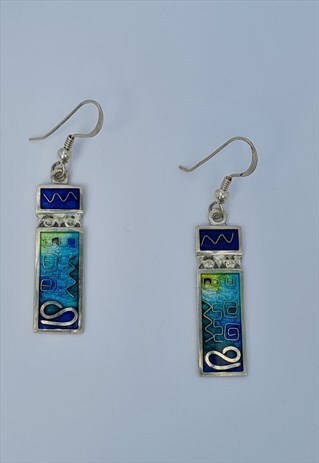 HANDMADE ENAMEL DROP SILVER GEOMETRIC BLUE EARRINGS
