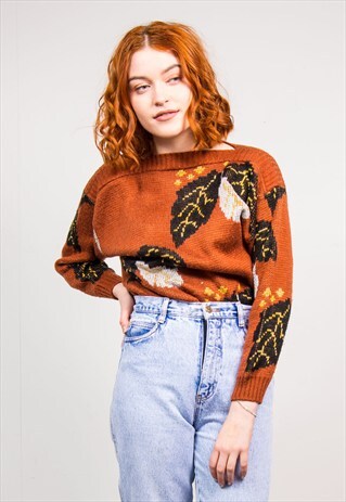VINTAGE 90'S BROWN LEAF PATTERN KNIT JUMPER