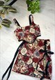 Handmade rose floral tapestry lace up side split mini skirt