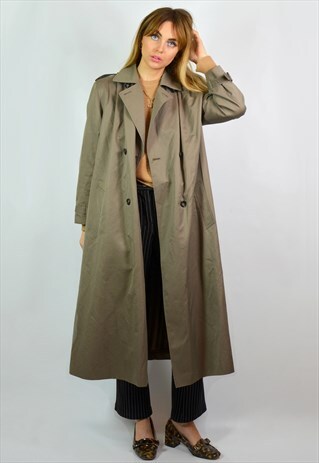 VINTAGE 90S LONG OLIVE GREY MAC TRENCH COAT