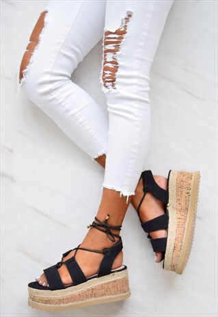 TIE UP CORK SANDAL WEDGES - BLACK SUEDE