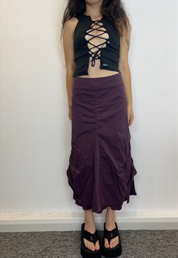 Deep purple ruffle maxi cargo skirt with ruching Y2k
