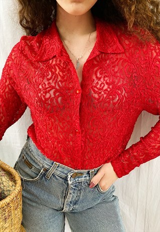 VINTAGE 90S SEXY LACE GUIPURE SHEER BLOUSE TOP RED