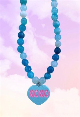 XOXO Candy Love Heart Blue Faceted Beaded Gemstone Necklace
