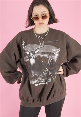 VINTAGE 90S SWEATSHIRT JUMPER IN BROWN WITH DEER PRINT