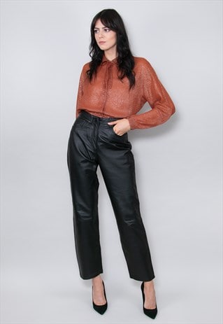 80'S VINTAGE LADIES TROUSERS BLACK LEATHER HIGH RISE