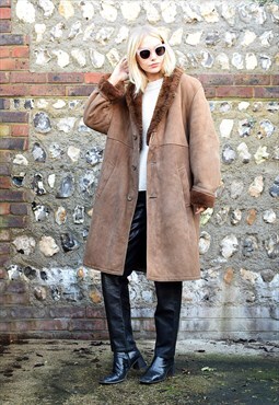 Suede Coat in Brown Oversize Long 1970s with Borg Liner