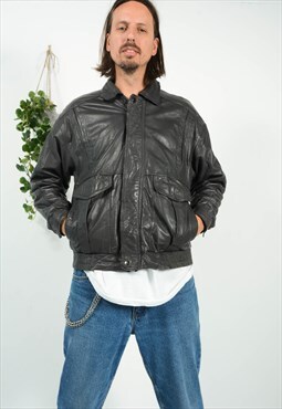 Vintage Leather Bomber Jacket Grey 